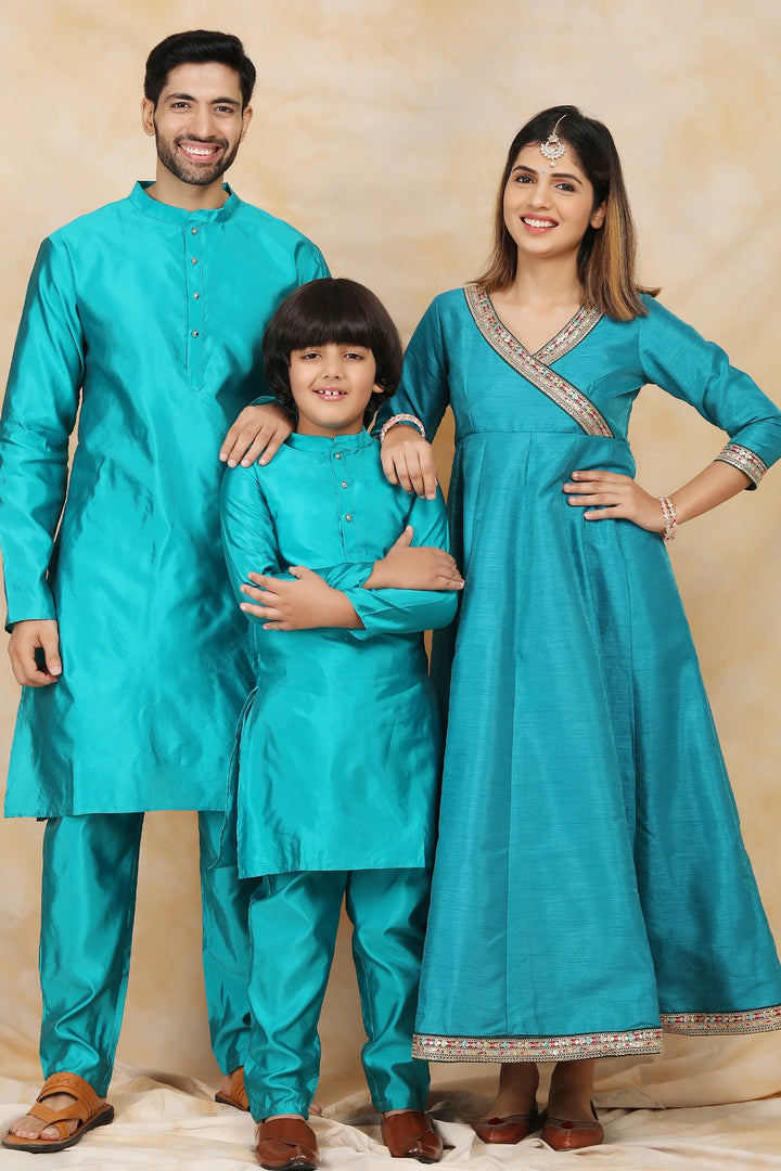 Exquisite Peacock Blue Ethnic Silk Gown with Matching Kurta Pyjama Family Matching Set