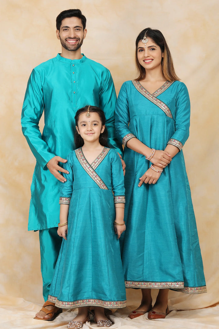 Exquisite Peacock Blue Ethnic Silk Gown with Matching Kurta Pyjama Family Matching Set