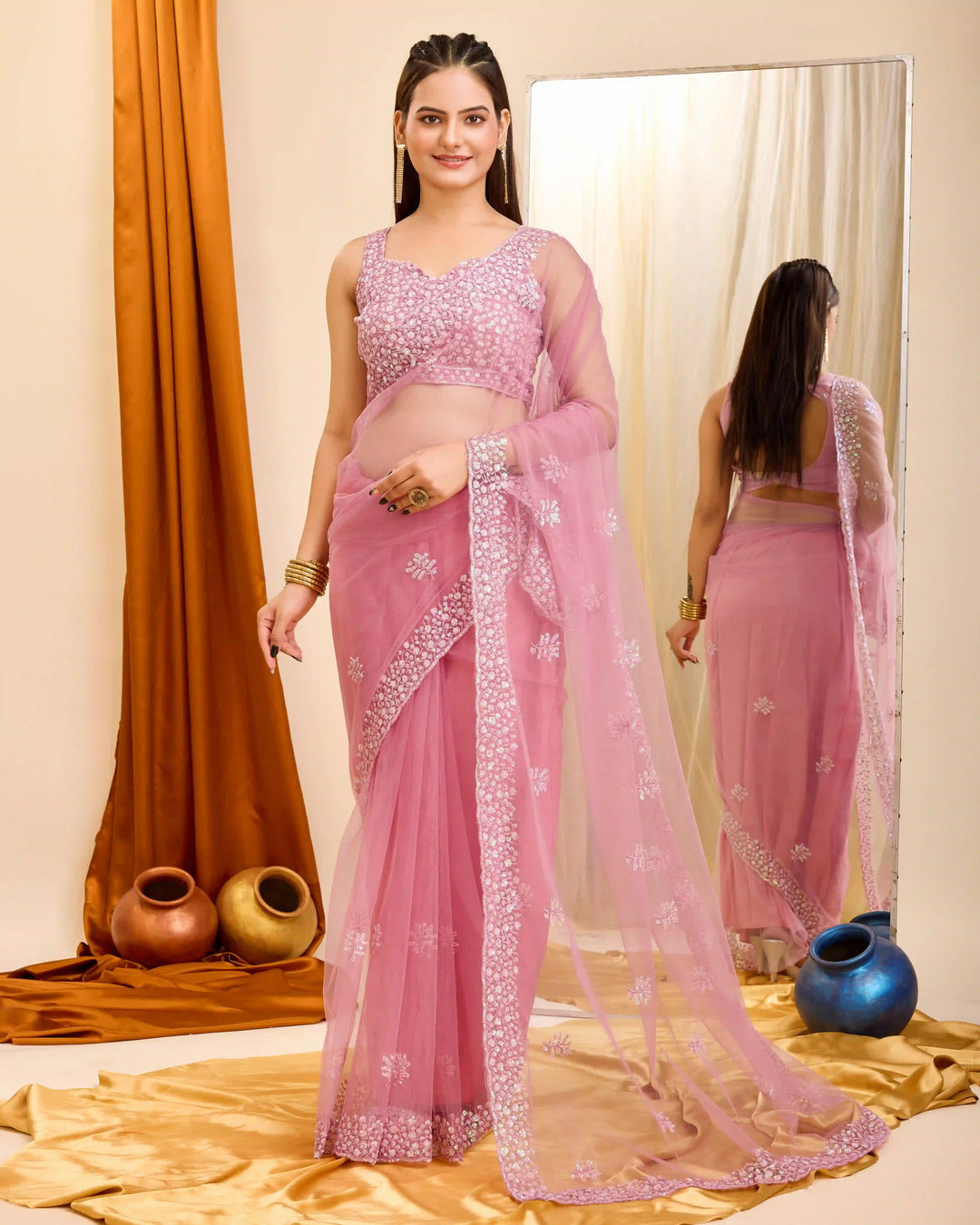 Pink Designer Net Saree with Matching Blouse

