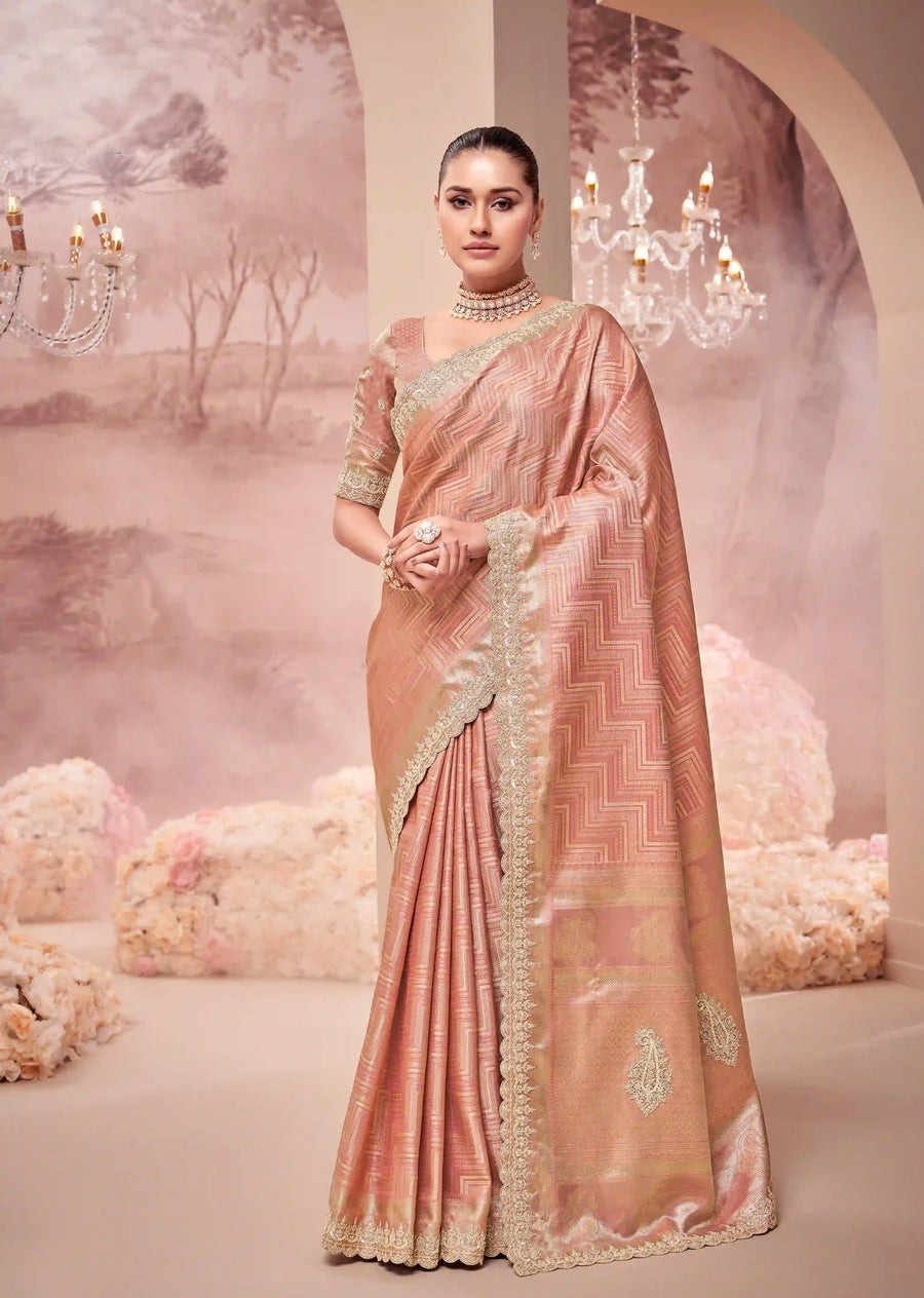 Pink Organza Saree with Intricate Handwork & Silk Blouse | Silverbin

