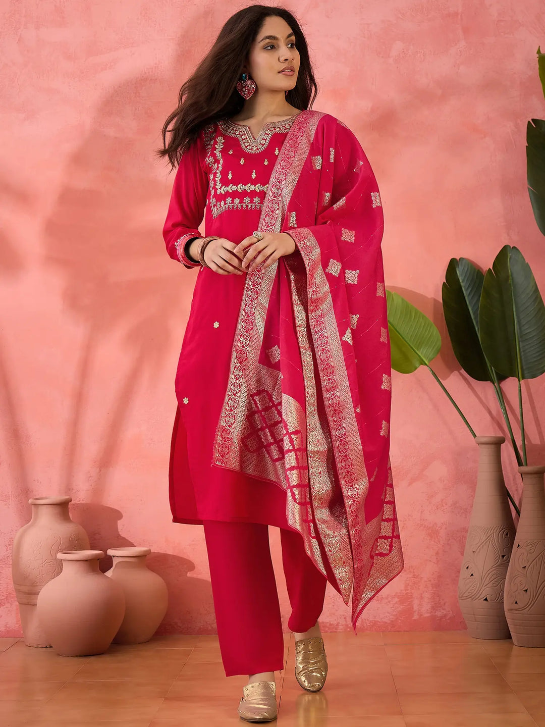 Pink Readymade Suit in Roman Silk