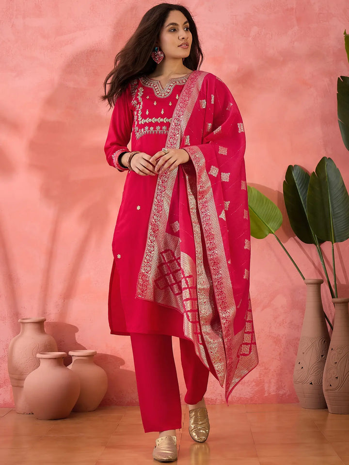 Pink Readymade Suit in Roman Silk