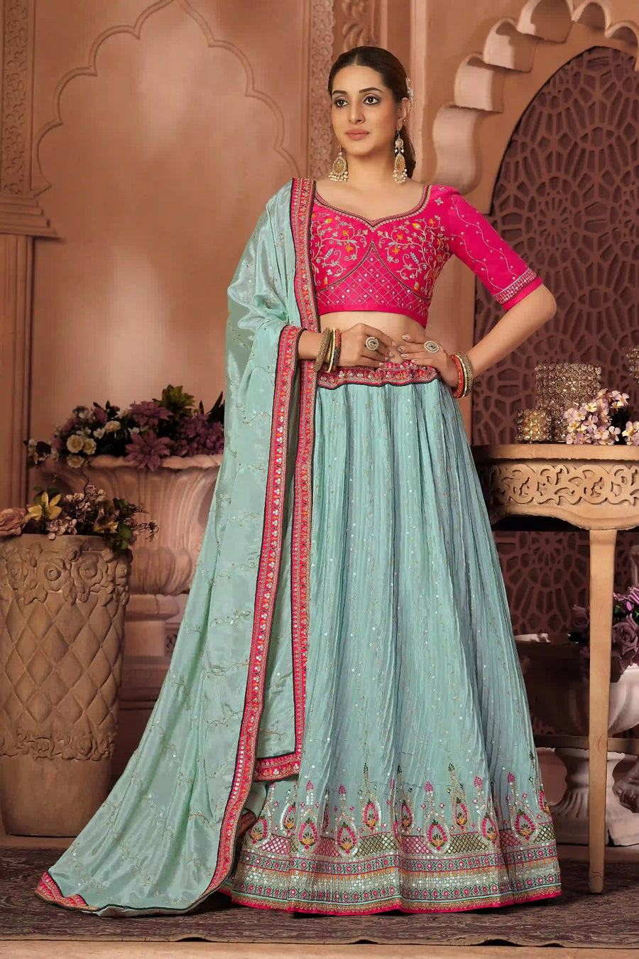 Pink and Sky Blue Embroidered Lehenga Choli for Traditional Weddings