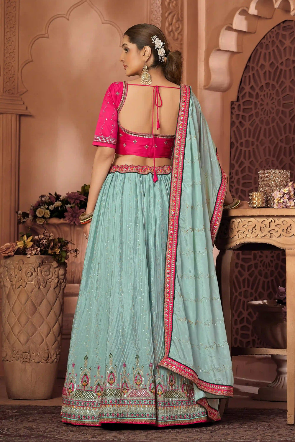 Pink and sky blue lehenga choli front view

