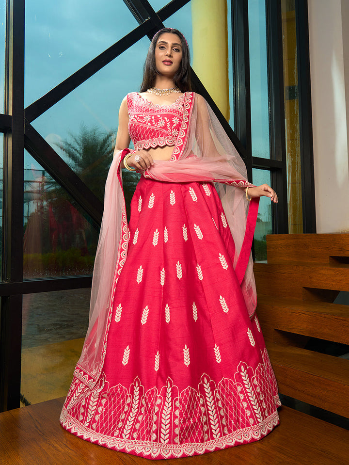 Pink art silk lehenga with embroidery and blouse