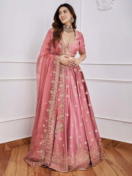 Pink art silk lehenga with sequins