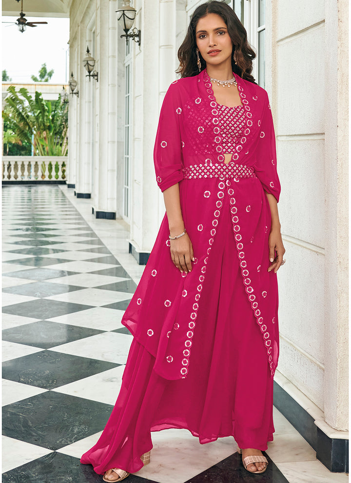 Pink faux georgette lehenga with dupatta