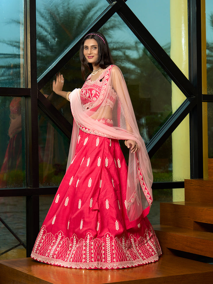 Pink lehenga set with net dupatta and embroidery