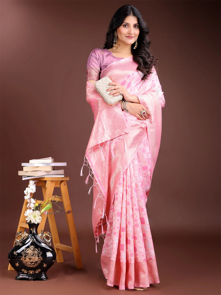 Pink linen cotton saree with jacquard detail

