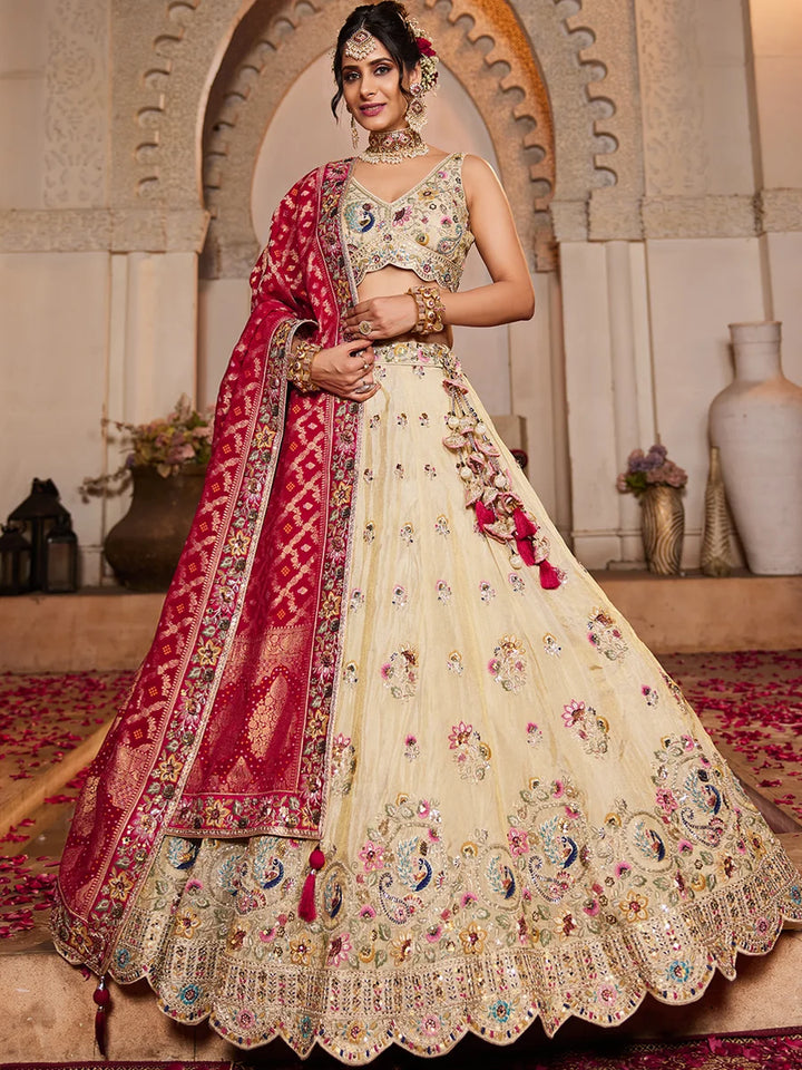 Pink tissue lehenga with beadwork
