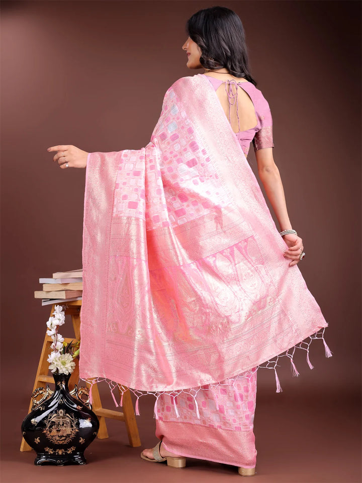Pink woven jacquard saree in linen cotton
