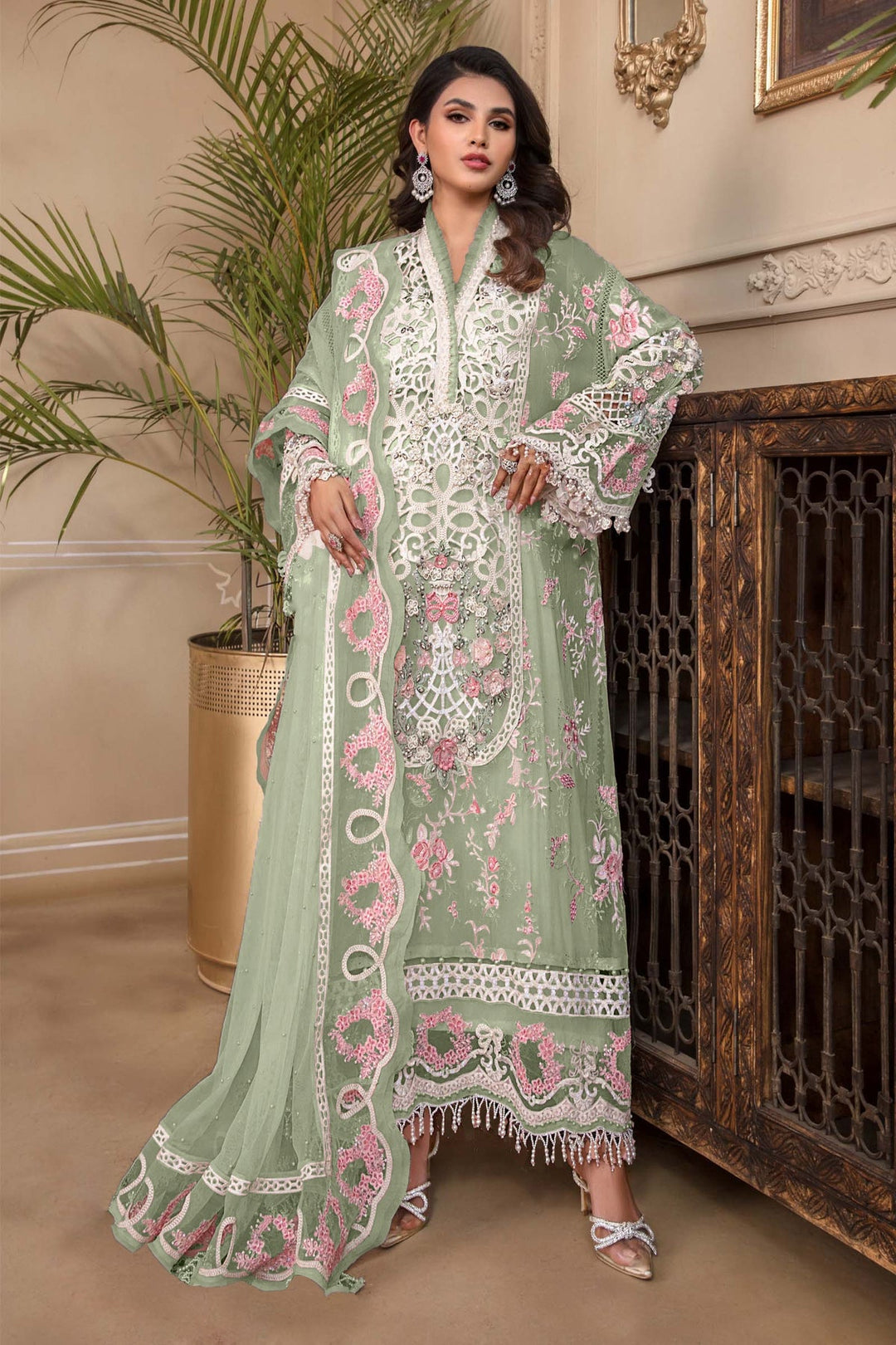 Pista Green Color Pakistani Salwar Kameez | Heavy Embroidery & Frill Work Dupatta
