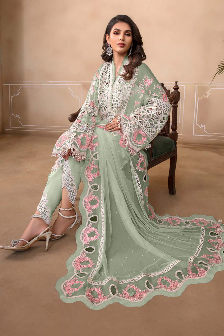 Pista Green Color Pakistani Salwar Kameez | Heavy Embroidery & Frill Work Dupatta