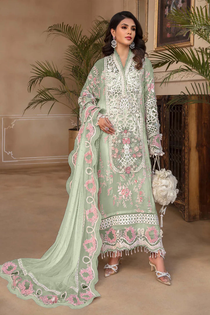 Pista Green Color Pakistani Salwar Kameez | Heavy Embroidery & Frill Work Dupatta