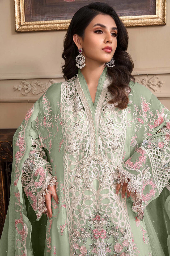Pista Green Color Pakistani Salwar Kameez | Heavy Embroidery & Frill Work Dupatta
