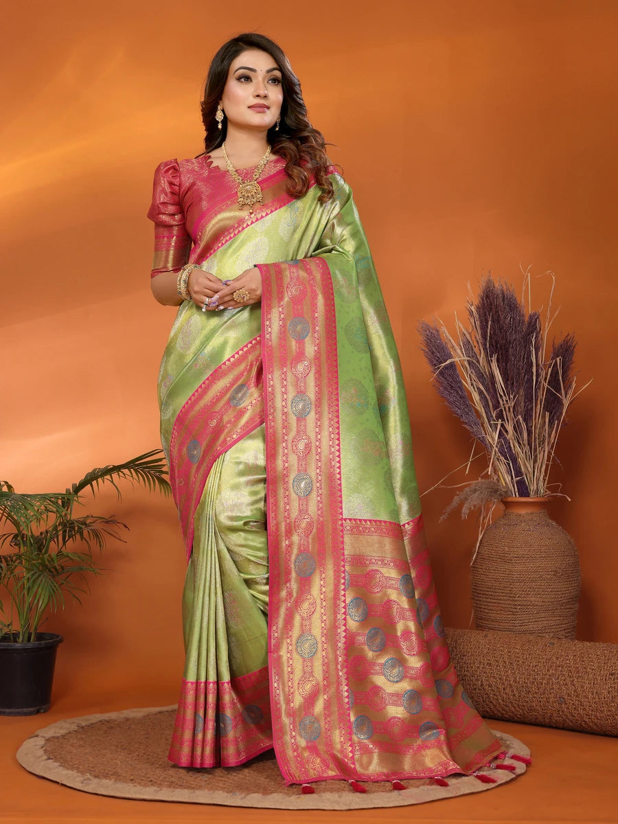 Pista Green Banarasi Tissue Silk Saree with Paithani Design