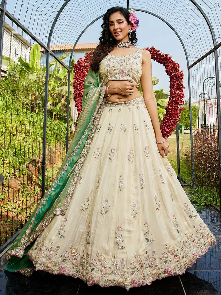 Pista green embroidered lehenga with sequins