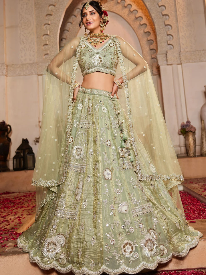 Pista green tissue lehenga with stone work