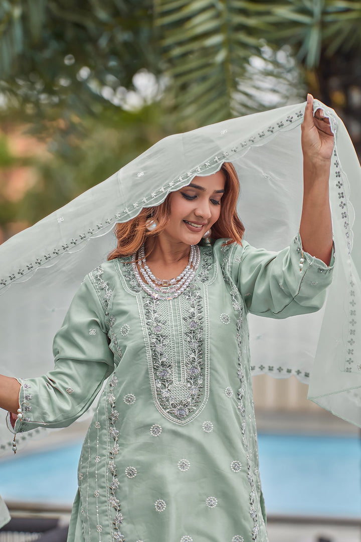 Pista Green Organza Salwar Kameez | Heavy Dupatta Work for Festive