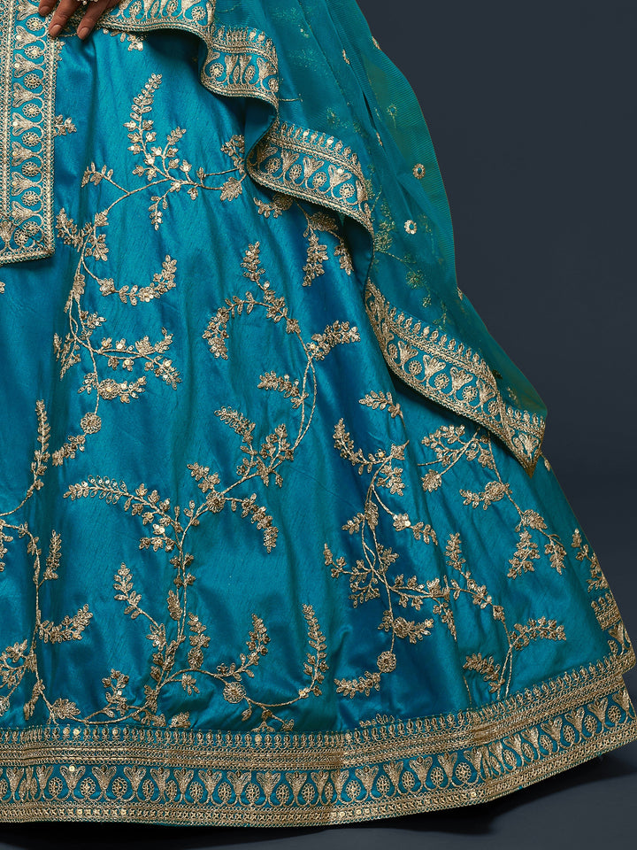 Designer teal blue lehenga for women with intricate embroidery work
