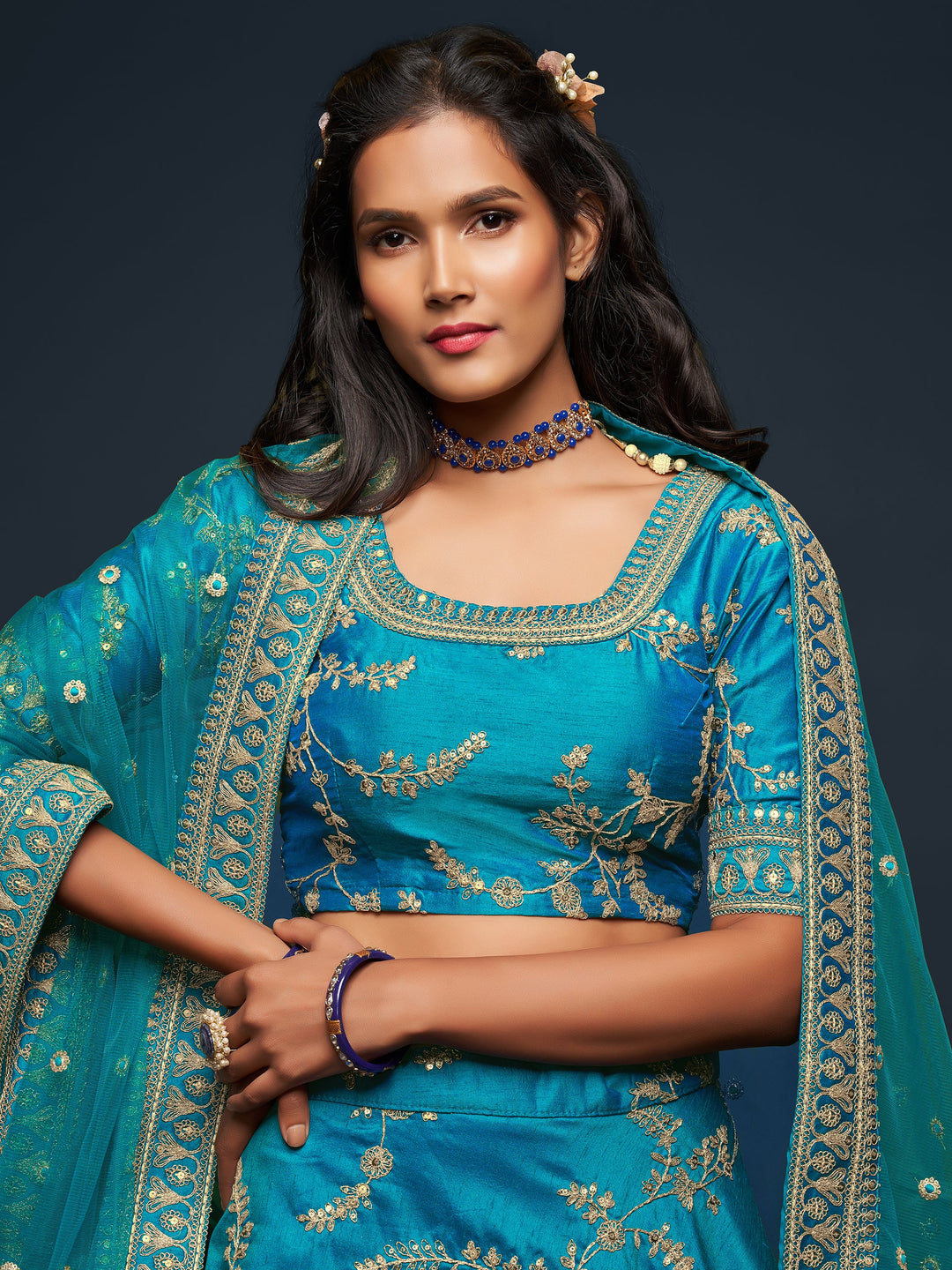 Navy blue party wear lehenga with sequin and dori embroidery work