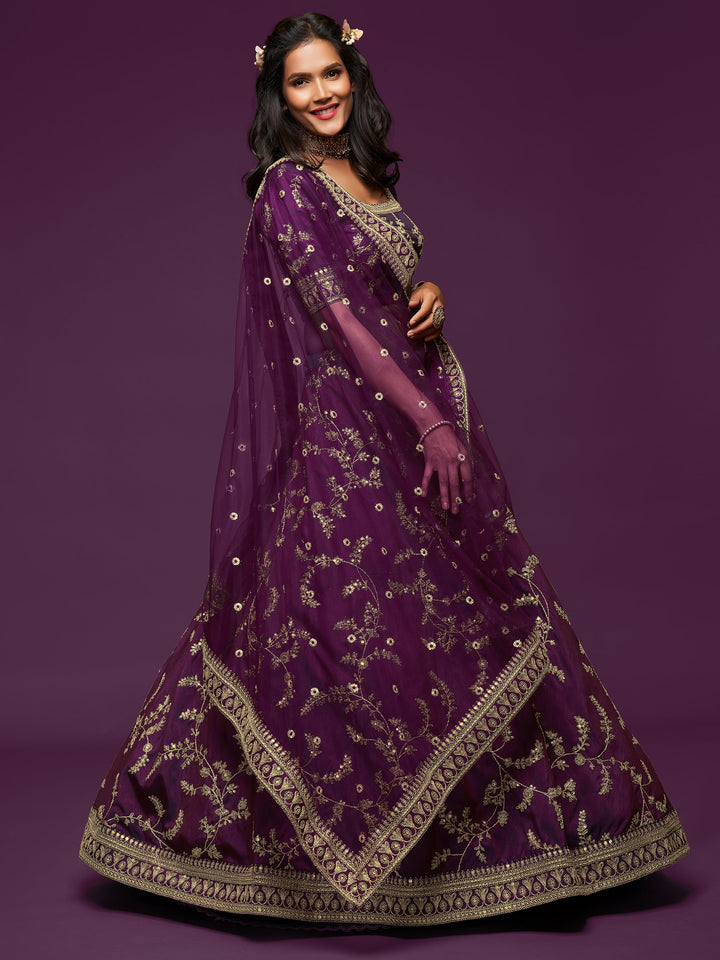 Party wear lehenga with dori work and sequin details for weddings and receptions.