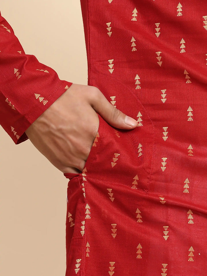 Red Pure Cotton Men's Kurta | Ethnic Kurta Design Handwoven Motifs
