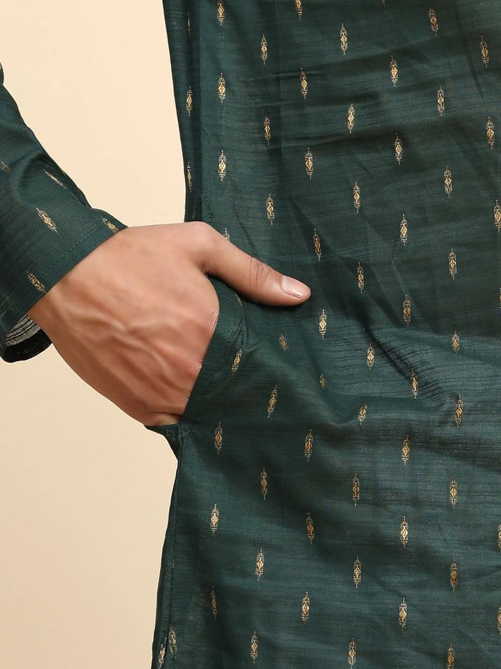 Dark Green Kurta Set for Men | Handwoven Motif Festive Ethnic Wear