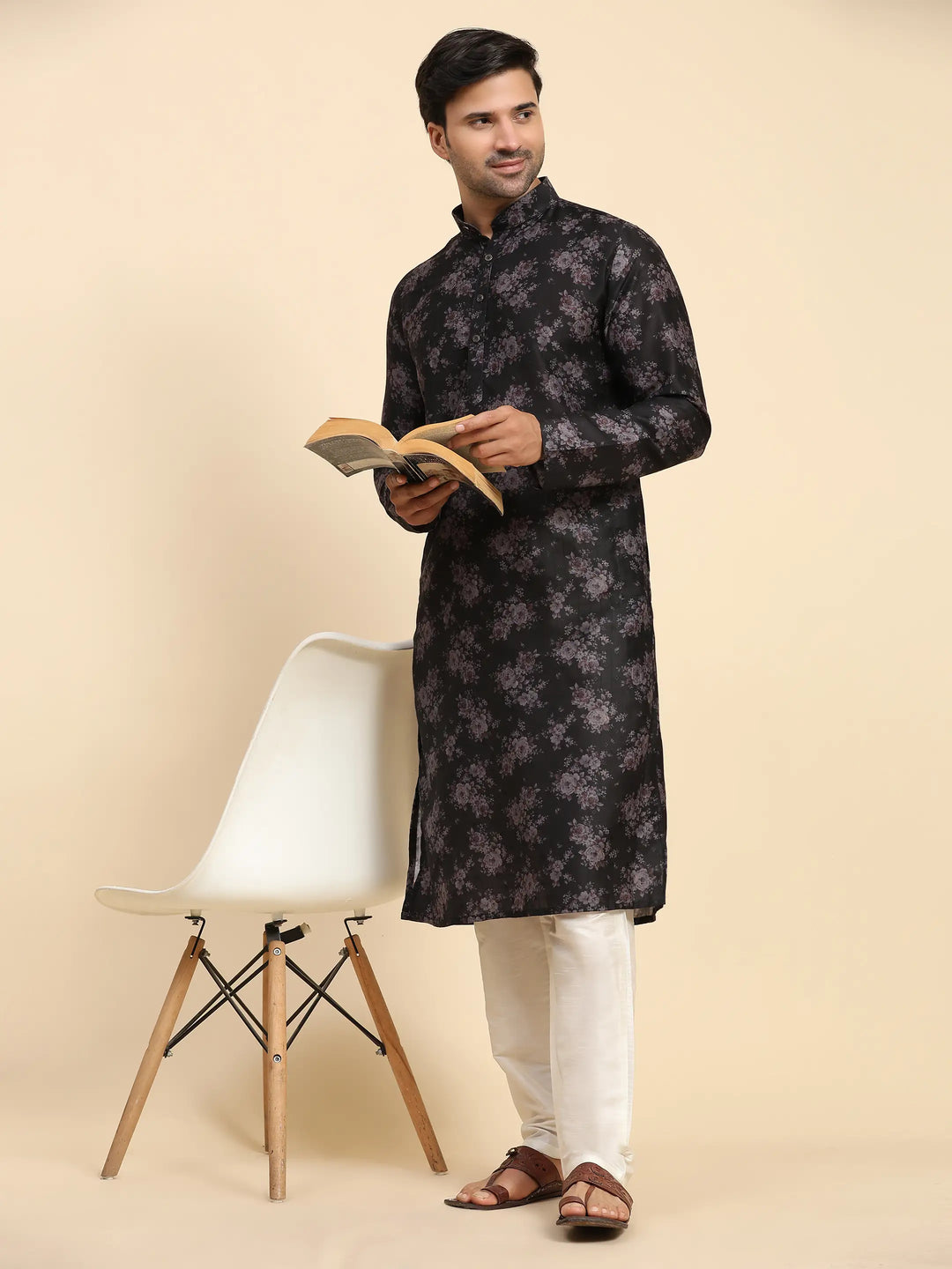 Black Midnight Blossom Kurta Pajama Set for Men | Sangeet & Festive Wear