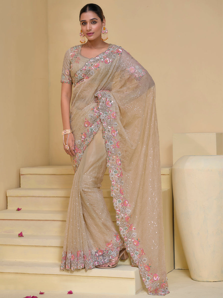 Precious Cream Sequins Organza Saree with Blouse