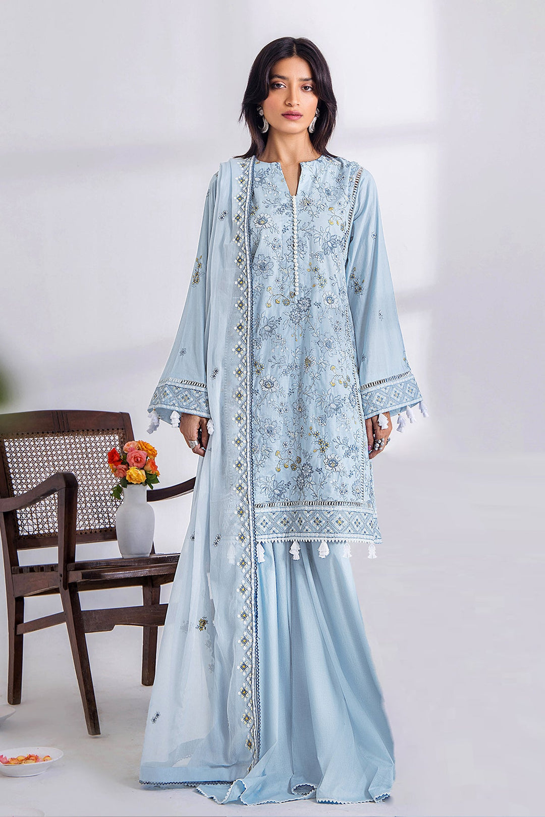 Sky-Blue Heavy Cotton Salwar Kameez | Embroidered with Beautiful Naznin Dupatta
