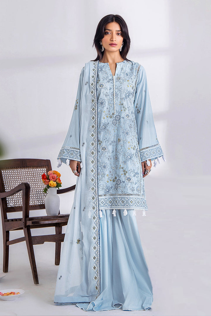 Sky-Blue Heavy Cotton Salwar Kameez | Embroidered with Beautiful Naznin Dupatta