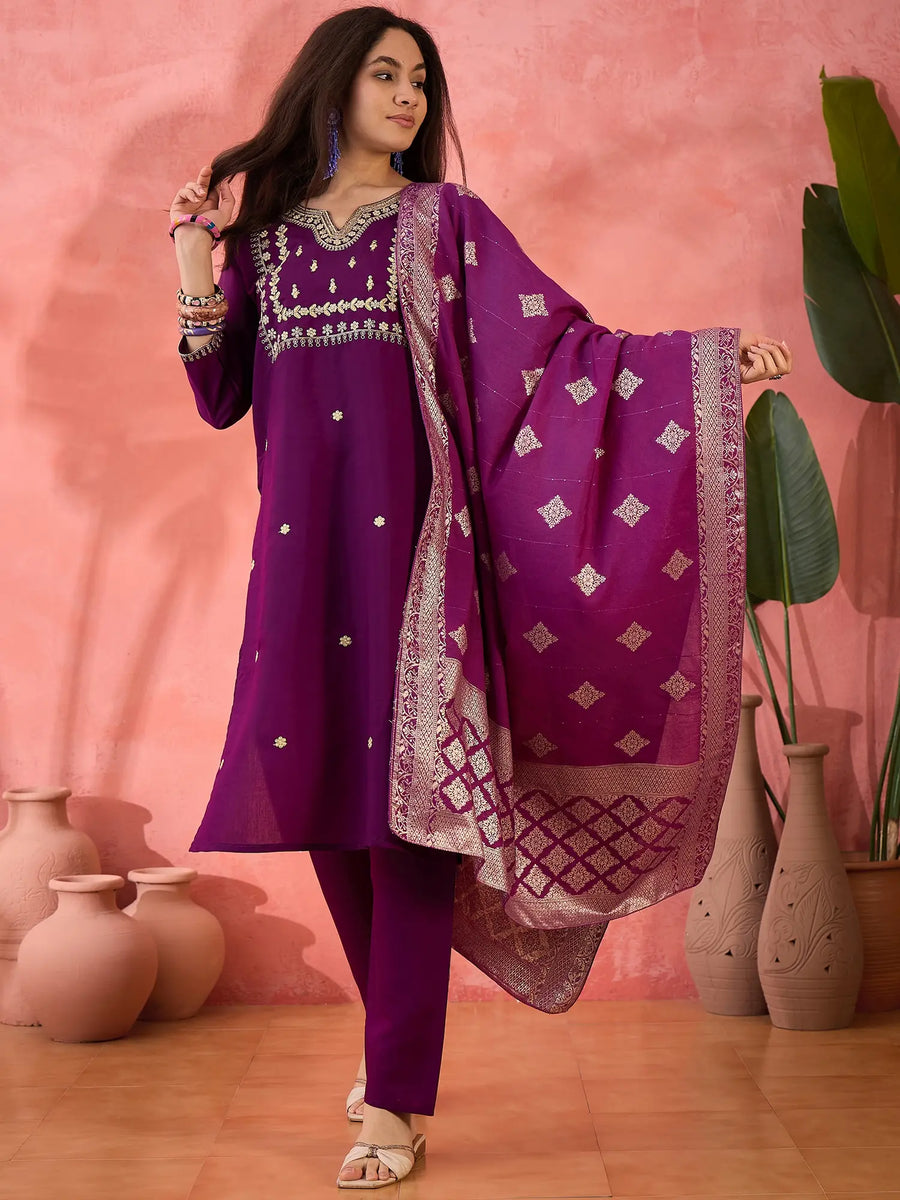 Purple Roman Silk Suit with Dupatta
