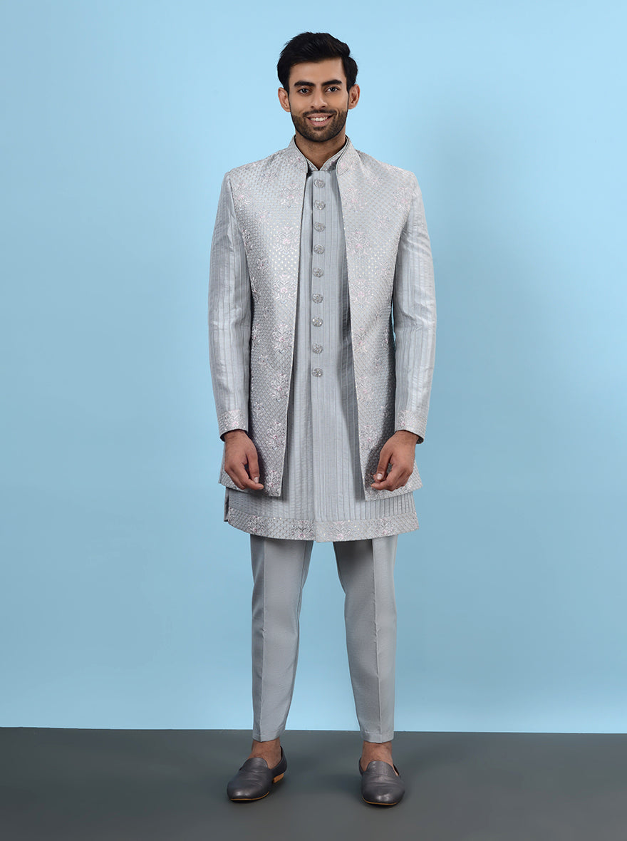 Classic grey men’s Indowestern with embroidered detailing