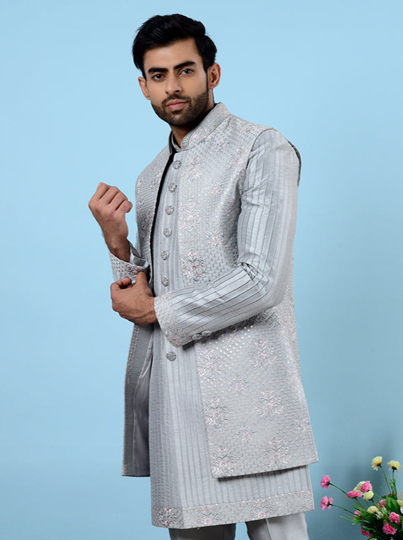 Men's Grey Indo Western | Embroidered Suit for Festive Celebrations