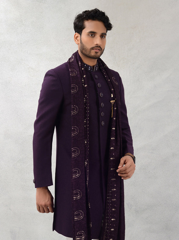Wine Poly Nosaic Embroidered Indowestern | Moti & Salli Work