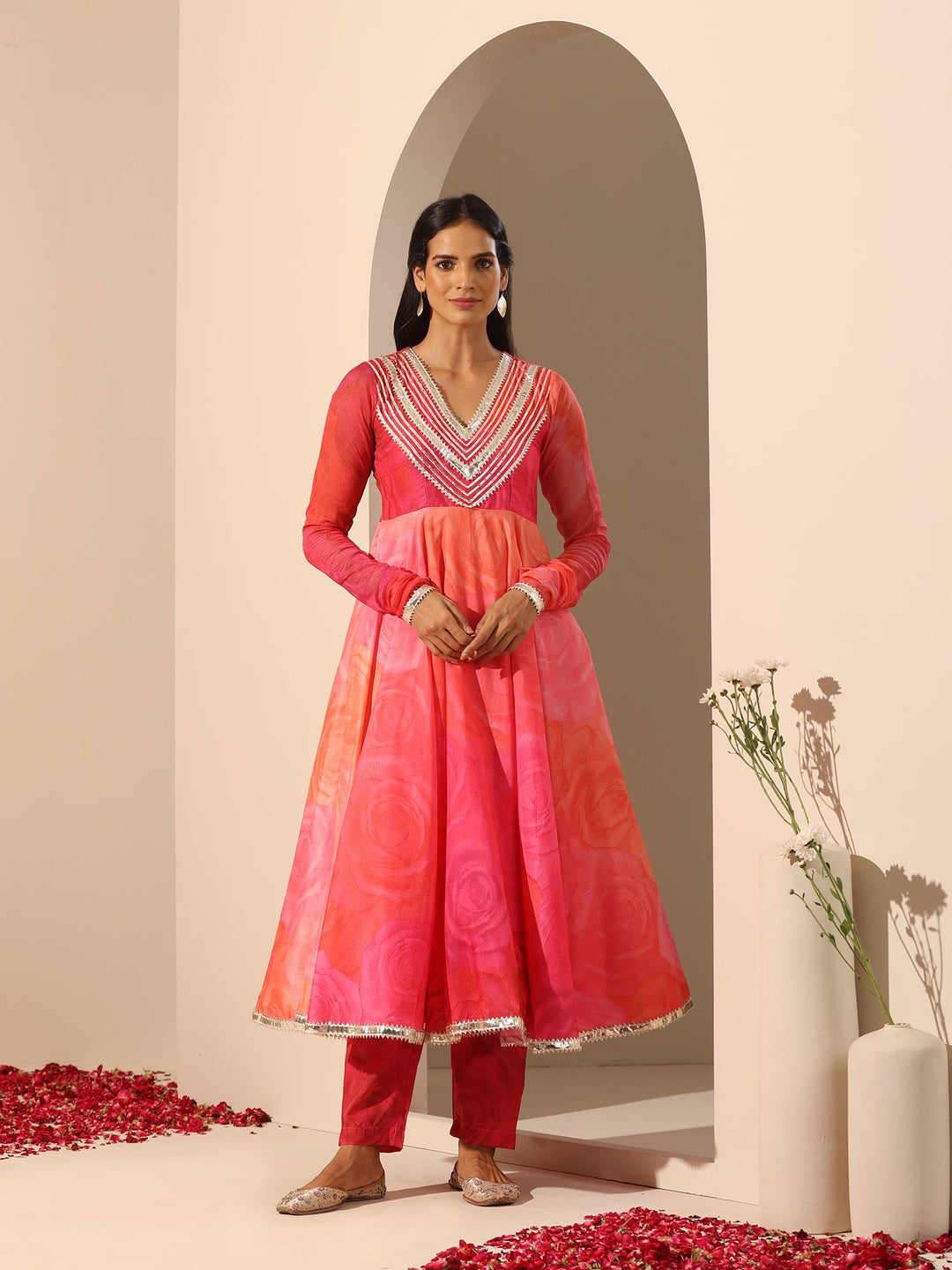 Coral Pink Anarkali Set | Muslin Fabric & Chiffon Dupatta for Elegance