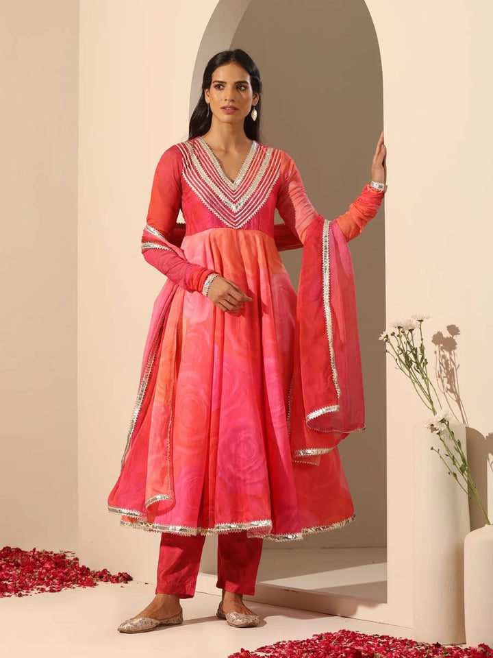 Coral Pink Anarkali Set | Muslin Fabric & Chiffon Dupatta for Elegance