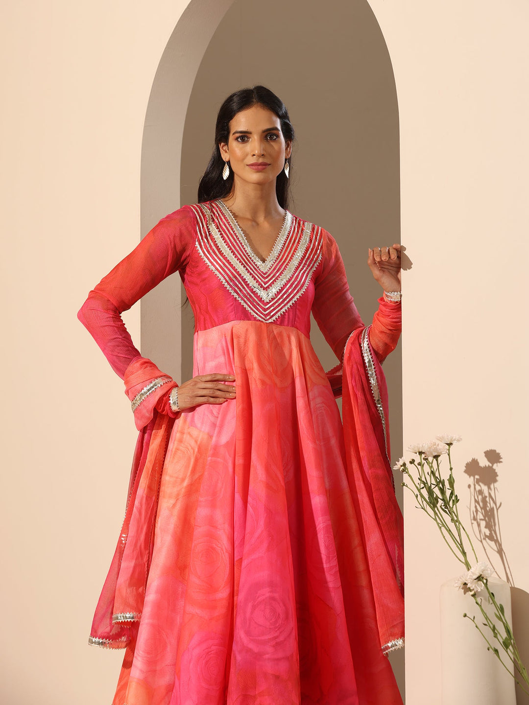Coral Pink Anarkali Set | Muslin Fabric & Chiffon Dupatta for Elegance