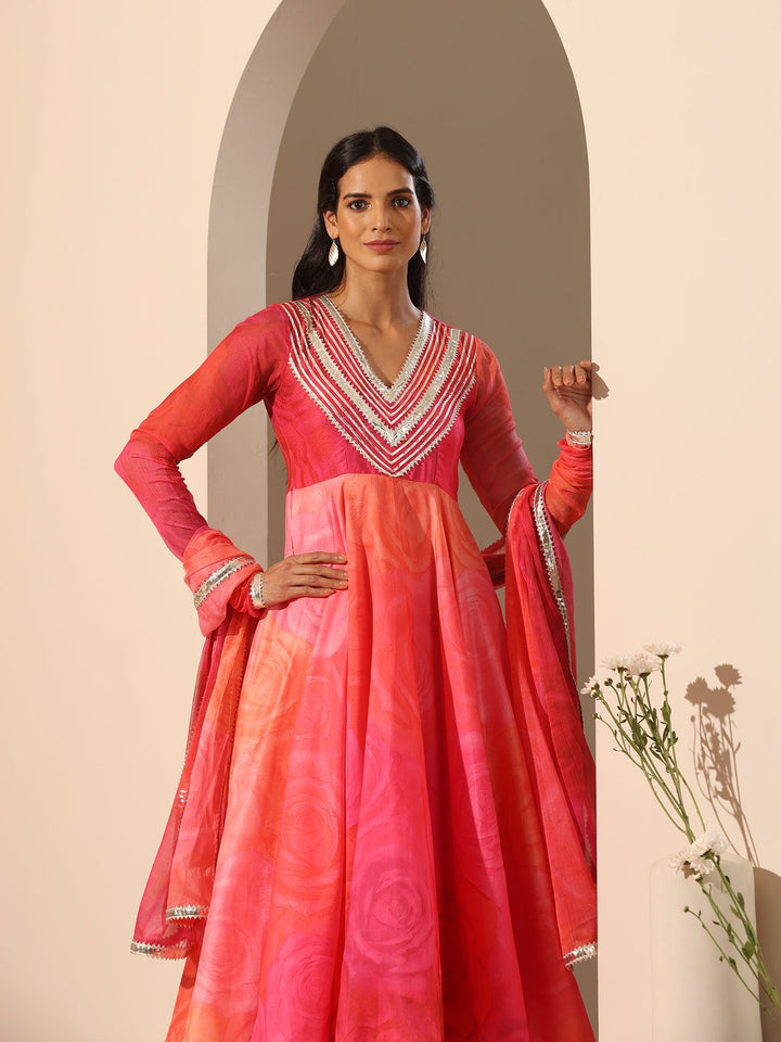 Coral Pink Anarkali Set | Muslin Fabric & Chiffon Dupatta for Elegance
