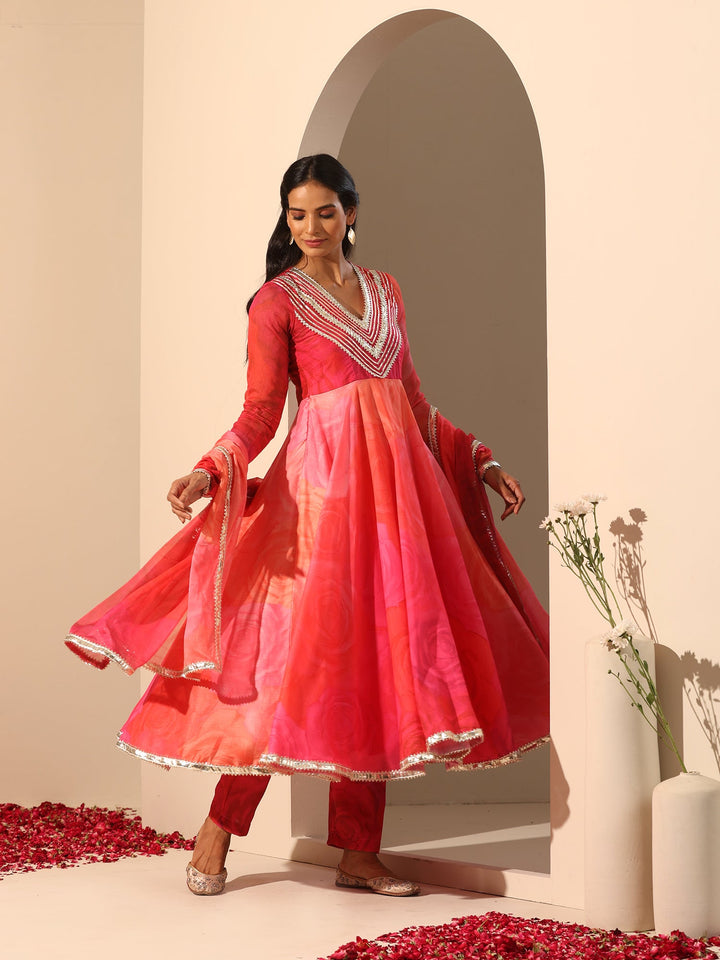 Coral Pink Anarkali Set | Muslin Fabric & Chiffon Dupatta for Elegance