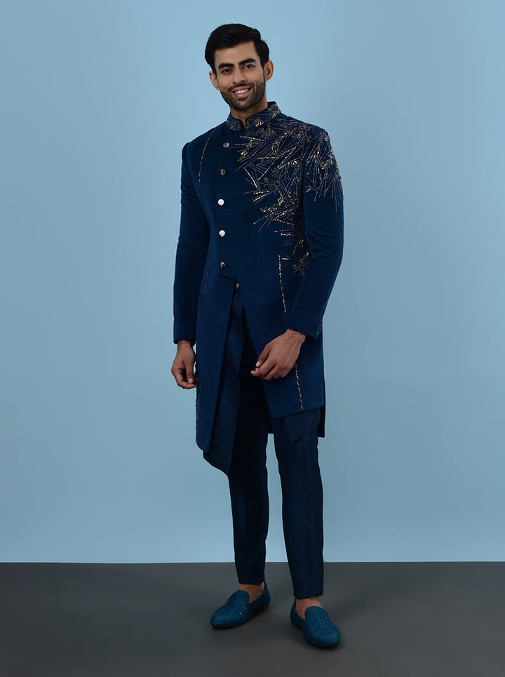 Classic blue suede men’s outfit, perfect for reception events