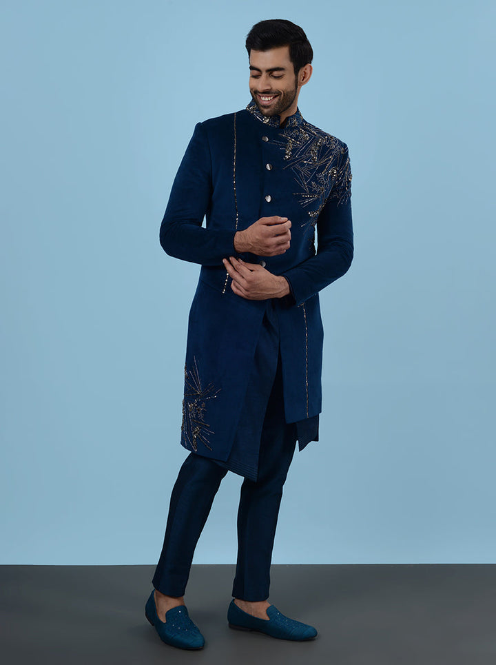 Men’s blue Angrakha cut Indowestern, placement embroidery