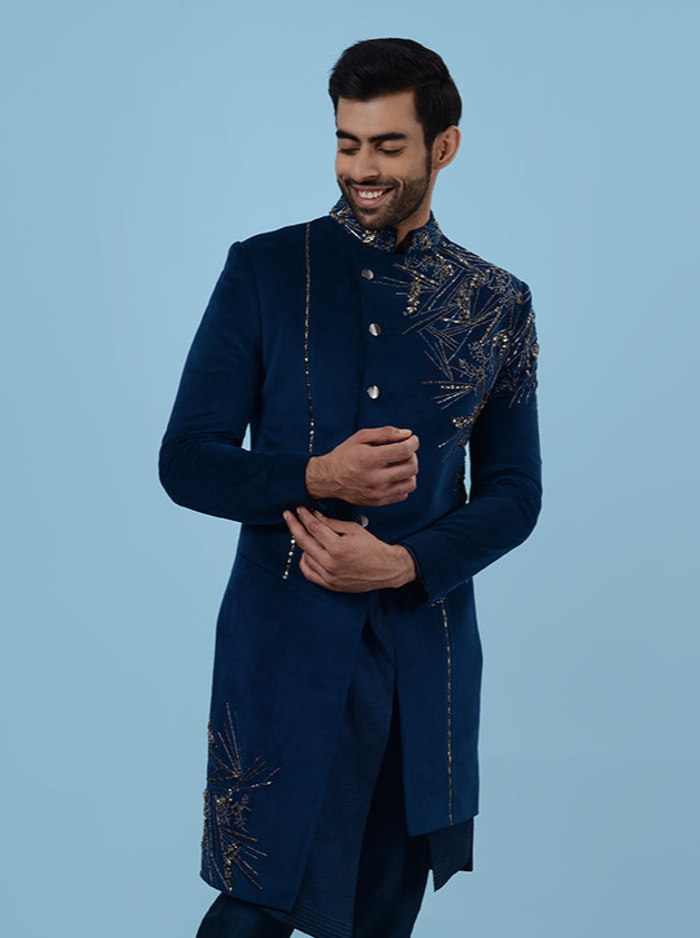 Blue Suede Placement Embroidered Indowestern | Angrakha & Asymmetrical Cut