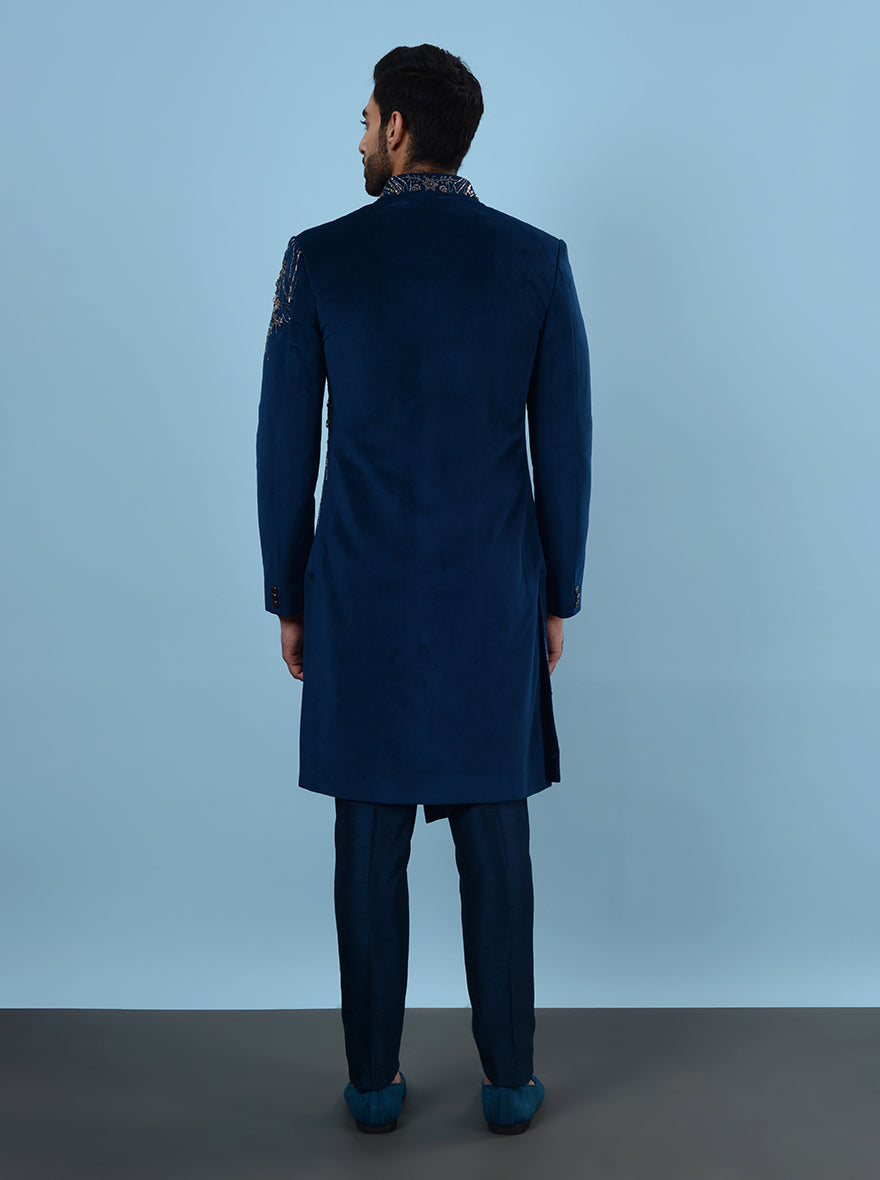 Stylish blue suede ethnic wear with asymmetrical cut and embroidery
