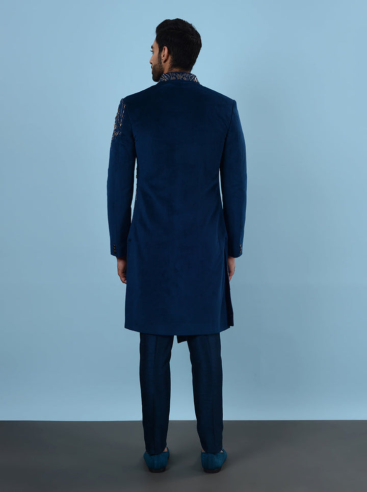 Stylish blue suede ethnic wear with asymmetrical cut and embroidery