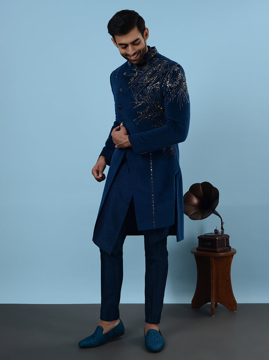 Elegant blue Indowestern with beads, diamonds, and resham handwork