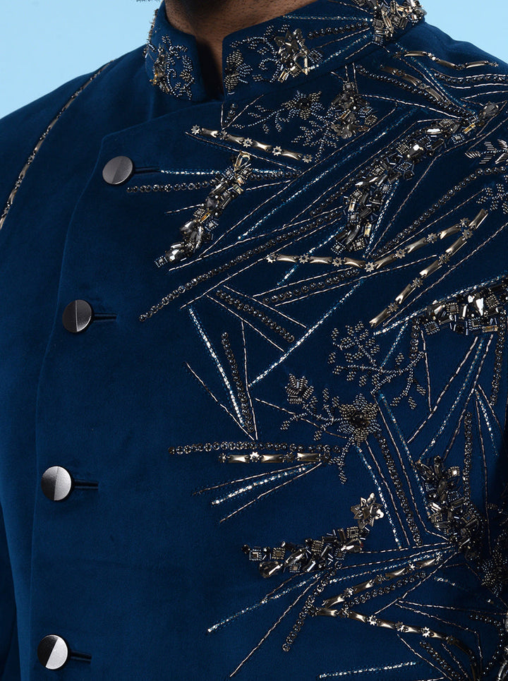 Blue suede Indowestern with sequins and diamond detailing