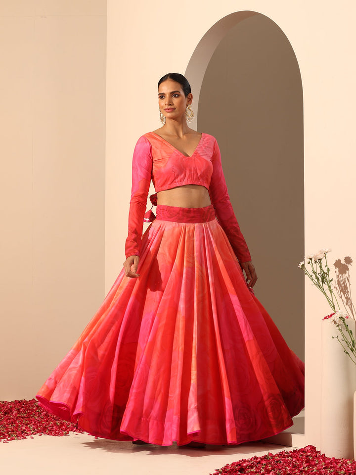 Orange & Pink Muslin Silk Lehenga Set | Elegant Chiffon Dupatta