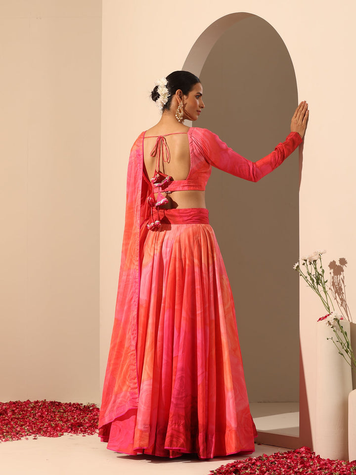 Orange & Pink Muslin Silk Lehenga Set | Elegant Chiffon Dupatta